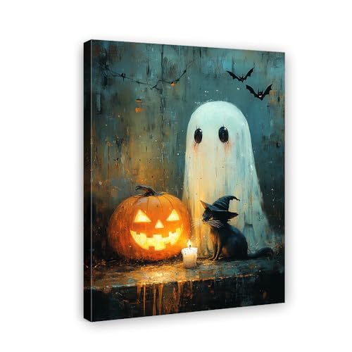 Peinture Halloween chat noir et citrouille pour salon sombre