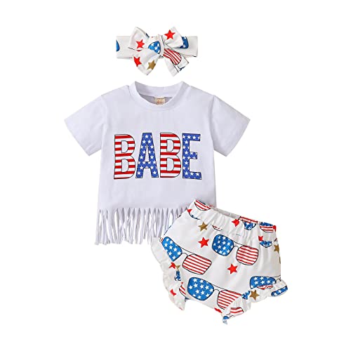 Image of 4 Of July Toddler Girls Clothes Short Sleeve Independence Day Letter Printed Tassels T Shirt Tops Shorts Headbands Outfits,Big Sister Onesie,Bubble Romper Baby Girl White1