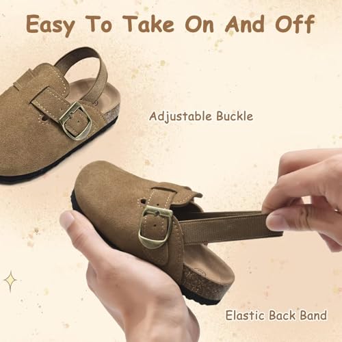 Image of Kids Suede Clogs Boys Girls Mules Cork Genuine Leather Sandals with Adjustable Buckle Slippers Potato Shoe Indoor Outdoor Slip On Slide for Big Kids