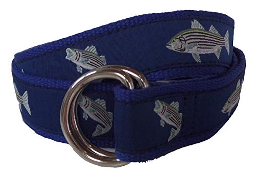 Mens Nautical Striped Bass D-Ring Style Belt, Ribbon Belt, Webbing Belt,Striped Bass Fish Belt