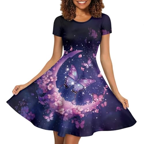 Image of HUGS IDEA Womens Puffy Swing Midi Dress Round Neck Short Sleeve Party A-Line Dresses
