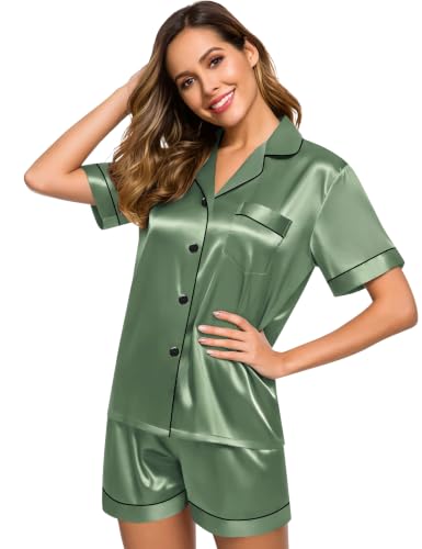 Image of SWOMOG Womens Silk Satin Pajamas Set Short Sleeve Sleepwear Button Down Top and Shorts Loungewear 2 Piece Pjs Set XS-3XL