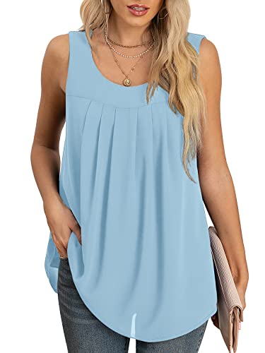 Quezhu Summer Tanks For Women Dressy Elegant Chiffon Tops And Blouse O-Neck Layered Sleeveless Blouses,Light Blue,Small #TOP1