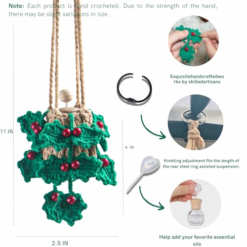 Image of ROFIGL Handmade Crochet Car Air Freshener - Crochet hanging holly plants with 12ml Empty Refillable Oil Diffuser Bottle, Green Car Accessory for Mirror Decor and Home Decor
