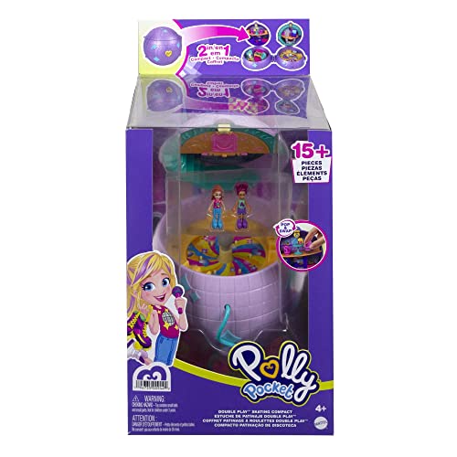 Polly Pocket Double Play Skating Compact, Disco Theme, 2 Micro Dolls, 15 Accessories, 1 Fashion Piece, Pop & Swap Feature, Great Gift for Ages 4 Years Old & Up