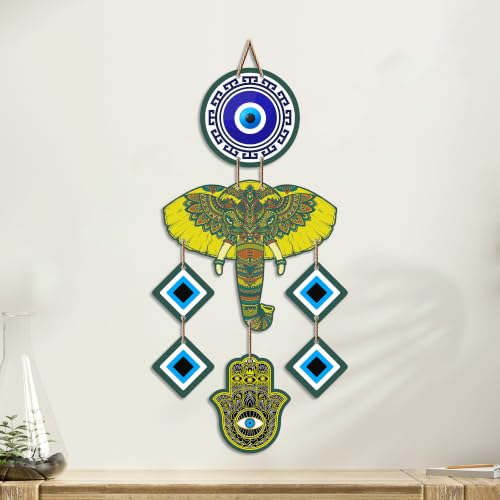 Image of Artvibes Colorful Elephant Evil Eye Wall Hanging for Home Entrance | Lucky Elephant MDF Nazar Battu Decor | Vastu Decorative Wall Art for Living Room | Bedroom | Balcony | Gift Item (WH 8550N)