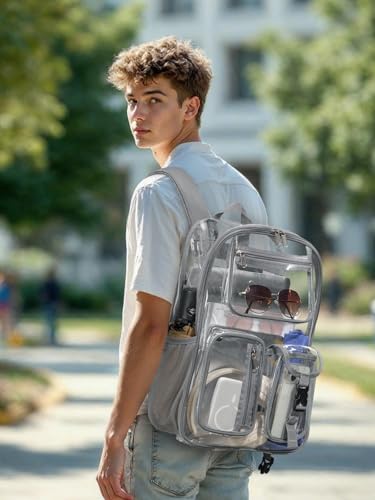 Image of Heavy Duty Clear Backpack For School, 17 Inch Clear Bookbag For Kids Boys Girls Women Men, Large See Through Backpack With An Extra Pouch Accessories, Multi-Pockets Tranparent Bag, Work, Grey