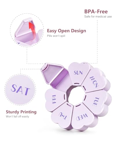 Image of MOLN HYMY Large Weekly Pill Box 7 Day, Cute Pill Case Organizer 1 time a Day, Floral Pill Container Once Daily, Pretty Medicine Dispenser for Vitamin /Fish Oil /Medication /Supplements (Purple)