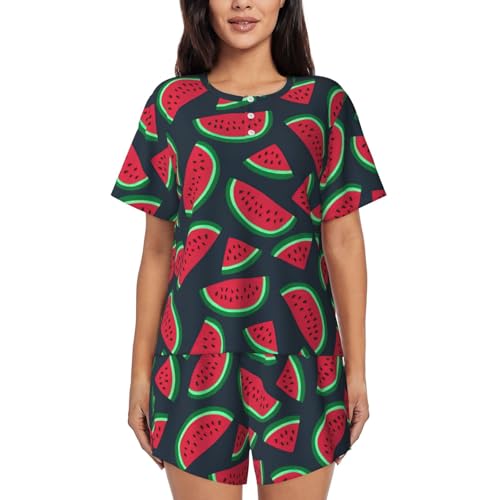 Pyjama rouge pastèque femme en coton doux avec poches pour l'été