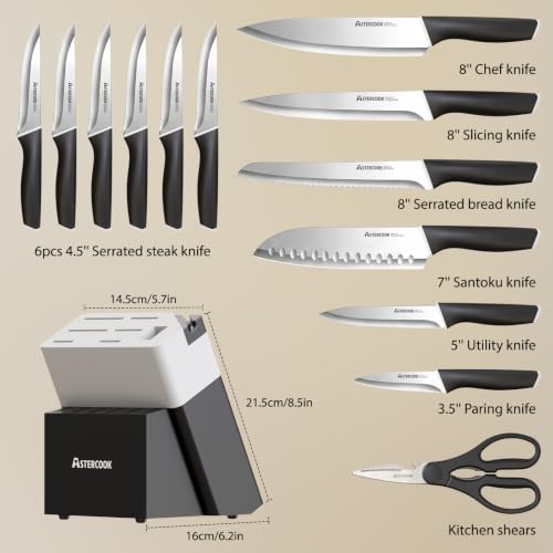 Image of Astercook Knife Set, Kitchen Knives with Block and Sharpener 15 Pcs German Stainless Steel Knives Sharp Blade Dishwasher Safe Deba Knives with Ergonomic Handle, Elegant Black