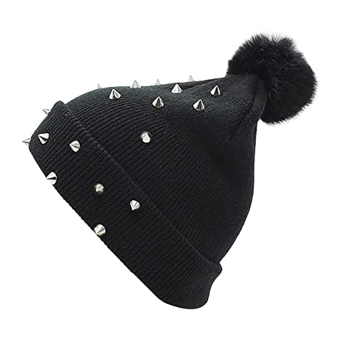 Xilery Women's Winter Warm Knit Beanie Hat Lady's Students Punk Rock Hiphop Knit Cap with Rivet Design (One Size, Black) Cover