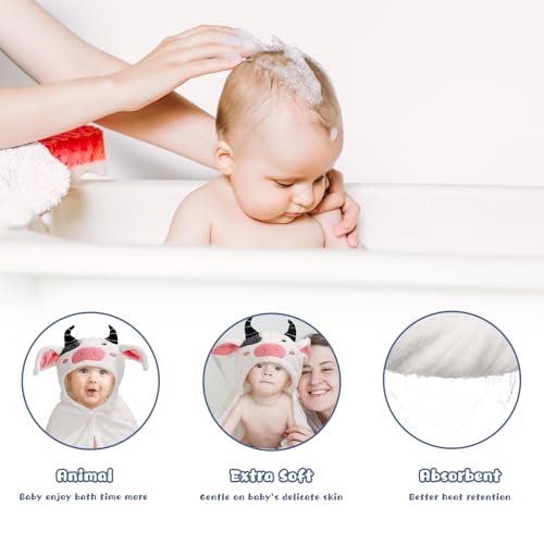 Image of Baby Towels with Hood for 1-6, 2-Pack Toddler Bath Towel with Animal Face Soft Absorbent,Premium Coral Fleece Ultra Absorbent Thick Shower Gift for Kids Infant,White Cow &Blue Penguin Set