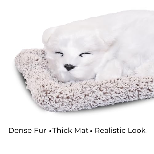 Image of Premium Sleeping Puppy Decor Plush with Mat | Realistic Soft Fur Dog Showpiece for Home, Office & Car Dashboard | Pet Lover Aesthetic Gift (25 x 19 x 7.5 cm) (Snow Dog)