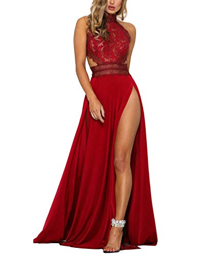 Vestidos De Graduación Largos Sin Mangas De Encaje Sin Espalda Alta Raja Maxi Vestido Rojo S Cover