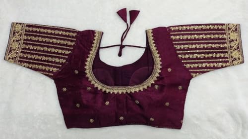 Pujia Mills Women's Readymade Blouse Embroidery Multi Coding Gold Thread Indian Ethnic Designer Stitched Readymade Saree Half Sleeve Blouse for Women for Saree Lehenga Choli