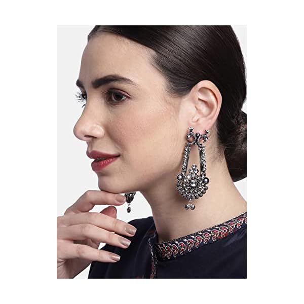 OOMPH Jewellery Oxidised Silver Tone Kundan & Pearls Large Ethnic Drop Earrings For Women & Girls Stylish Latest - Image 4