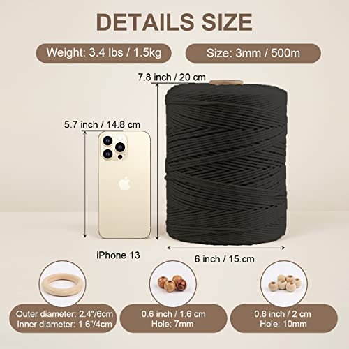 Image of ZUEXT Macrame Cord, Black, 3mm x 547yds Cotton String Macrame Yarn