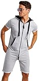 Björn Swensen Jumpsuit Herren kurz Sommer Baumwolle Jogginghose kurze Hose Overall Onesie Männer T-Shirt Kapuze Sommerjumpsuit Schlafanzug Jogginganzug BS-3010 Grau-Schwarz Medium