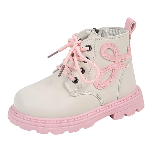 IWIHMIV Girls Ankle Boots Short Booties with Side Zipper Fashion Non Slip Low Heels Lace Up Leather Riding Boot