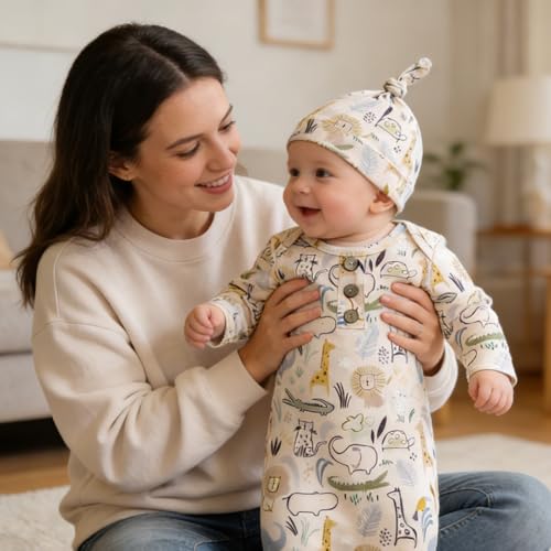 Image of AMAWMW Newborn Baby Boys Girls Cartoon Sleeper Gown Long Sleeve Mountain Nightgown Hat Outfits