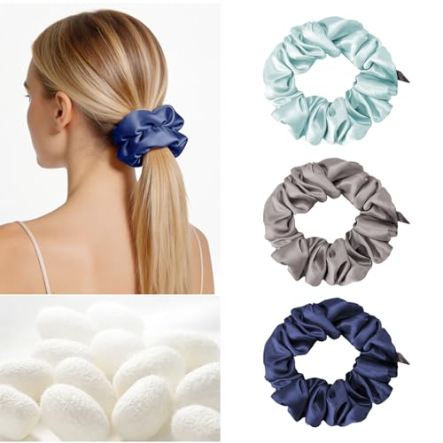 Image of THXSILK 100% Mulberry Silk Chunky Scrunchies 3-Pack, 25 Momme Thick Voluminous No Damage Hair Ties for Women, Medium Ponytail Holders for All Hair Types(Ice Blue, Grey, Navy Blue)