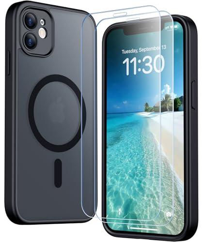 SPIDERCASE Magnetic for iPhone 11 Phone Case, Translucent Matte Case with 2PCS Tempered Glass Screen Protectors Slim Phone Case for iPhone 11 6.1'', Black
