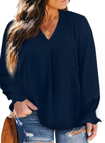 Eytino Plus Size Tops for Women Sexy V Neck Smocked Long Sleeve Blouse Loose Casual Work Shirts(1X-5X)3