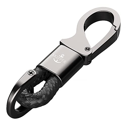Skipper D-Clip Karabiner Schlüsselanhänger aus Leder Imitat Geschenk für Frau Mann Schwarz 8747 - Schwarz