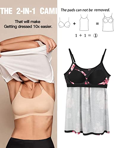 Anyfitting Padded Tank Top With Built In Bra Cup Pleated Flowy Loose Fitting Summer Lace Trim Camisole Top Tee For Women Daily Wearing Floral Print 3Xl #TOP1