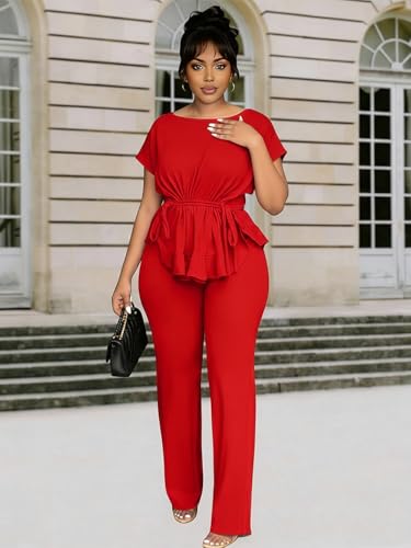 knowfashionstyle Women'S 2 Piece Outfits Suit Set Short Sleeve Peplum Top Pants Sets Casual Pantsuits Elegant Business Suit Red S — view 4