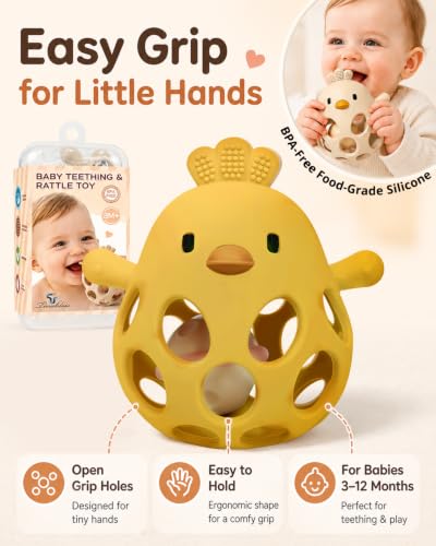 Image of Tinabless 2-in-1 Baby Teether Rattle Toy, Easy Grip Silicone Teething Toy for Babies 3-12 Months, BPA-Free Sensory Chew Toy for Sore Gums, Infant Shower Gift (Yellow w /Rattle)