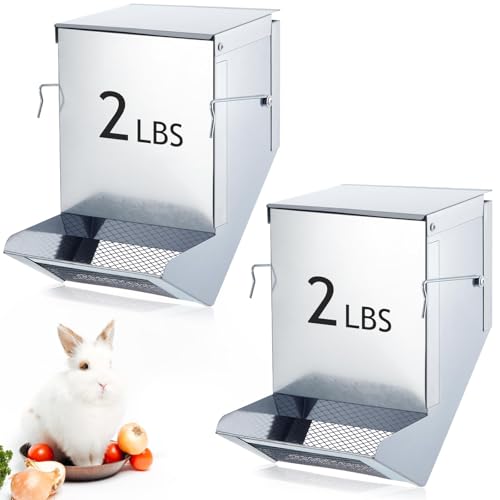 Maxcheck 2 Pcs Rabbit Feeder for Cages Small Animal Food Pellet Dispenser with Lid Metal Chicken Grit Oyster Shell Squirrel Feeders Outside(4.7 Inches Mesh Bottom Silver)