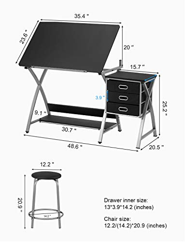 Kealive Adjustable Drafting Table Drawing Desk with Padded Stool, X Cross Art Desk Craft Station with 3 Storage Drawers and Thick MDF Desktop, Black