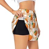VOSERY Pantalones cortos de correr 2 en 1 para mujer, bonitos pantalones cortos de cintura alta color naranja cuadrado para yoga, gimnasio, entrenamiento atlético para mujer, Negro -, S