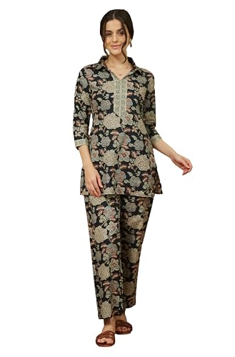 Image of Janasya Women's Black Pure Cotton Floral Printed Straight Co-ord Set