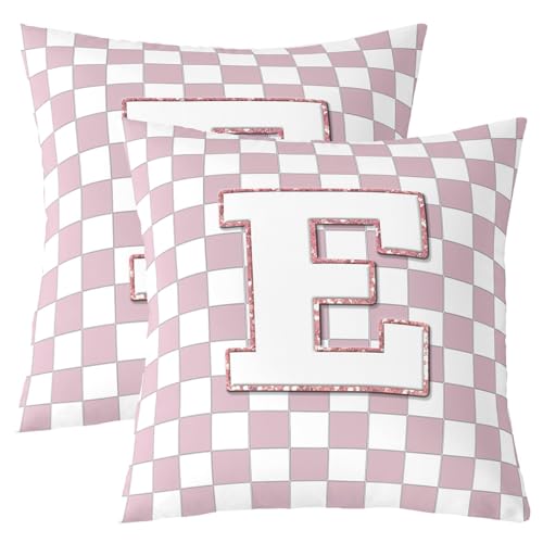 Image of Erosebridal Pink Initial E Throw Pillow Covers 22x22 Set of 2 Kawaii Plaid Checkered Cushion Cover Cute Personalized Monogram Throw Pillow Case for Bed Couch Sofa Fashion Grids Gingham Home Decor