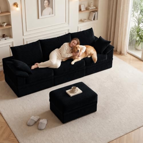 107" Modular Sectional Sofa Boneless Couch with Storage,L-Shape 3 Seat Comfy Modern Cloud Couch Sofa with Ottoman, 27" Deep Seat Corduroy Sofa for Living Room, Tool-Free Assembly - Black - image 2