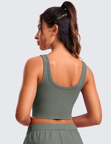 Image of CRZ YOGA Ribbed U Neck Crop Tank Tops | Medium Support, Removable Pads, Casual, Wide Straps, Longline Sports Bras for Women