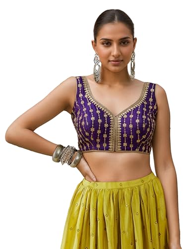 Image of TRENDMALLS Women's Dhupion Silk Embroidery Sequence Work V Neck Sleeveless Blouse Choli Stylish Saree Blouse Ready to Wear