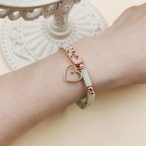 Image of Elastic Faith Bracelet for Women, Adjustable 7 inch Natural Stone Bracelet with Heart Mustard Seed Charm, Spiritual Christian Jewelry for Baptism, Graduation, Religious Celebration YA4856