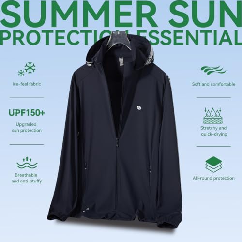 Image of Venzina UPF 150+ Sunscreen Jacket for Men, UV Sun Protection Jacket with Cool Feel Quick Dry Fabric, Sun Hoodie with Removable Hat & Zip Pocket for Driving, Camping, Riding