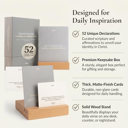 Image of Yesha 52 Daily Bible Verse Cards with Wooden Stand | Heavenly Declarations | Christian Affirmation Cards for Identity in Christ | Premium Scripture Cards for Women & Men | Devotional Gift Set