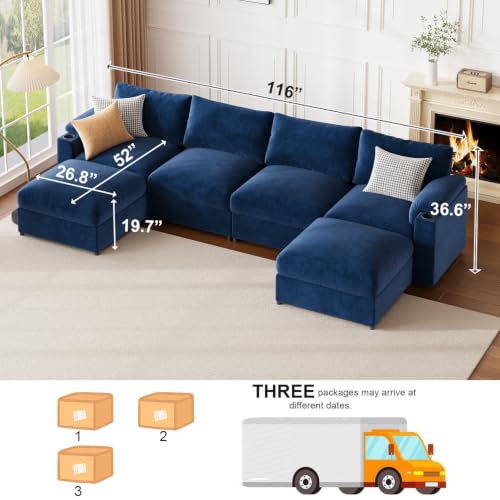 Image of Sectional Couches for Living Room FSC Certified Chenille Modular Couch Oversized Cloud U Shaped Convertible Sleeper Sofa Chaise Detachable Armrest Cushion (Velvet Blue, U Shape 6 Seat)