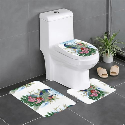 WHJSHOP Juego de alfombrillas de tres piezas con estampado de pavo real que absorben el agua y son antideslizantes para baños, inodoros y cocinas