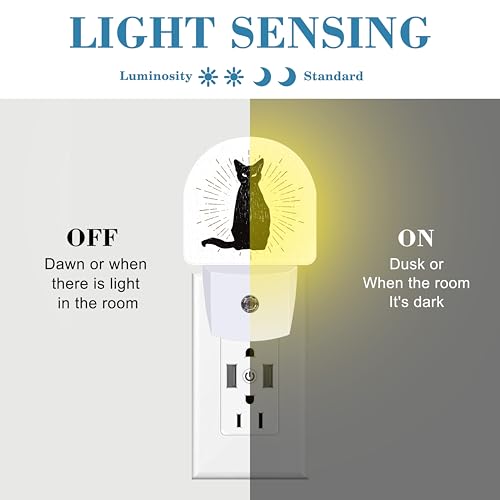 Image of Hand Drawn Black Cat Night Light Plug into Wall with Dusk to Dawn Sensor Cute Nightlight for Kid Girls Boys Women Men Room Decor, Hallway, Kitchen, Bathroom, Nursery, Stairs