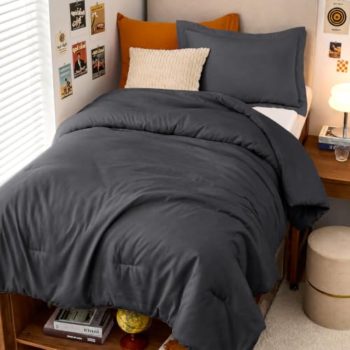 Image of MUXHOMO Twin /Twin XL Comforter Set, All Season Ultra Soft Down Alternative Bedding - 3 Piece Lightweight Bed Set Includes 1 Comforter (68 inchx88 inch) and 1 Pillow Shams (20 inchx26 inch), Dark Grey