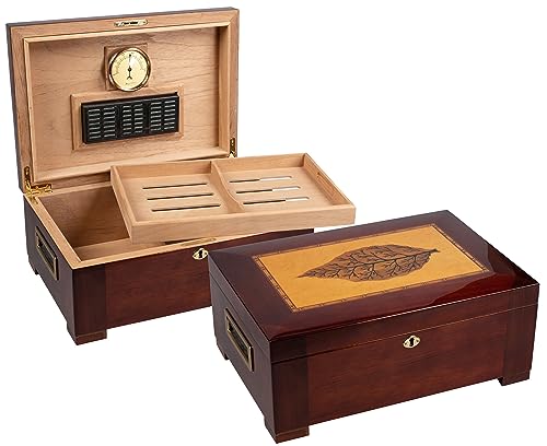 Prestige Import Group 150 Capacity Stetson Inlay Design Laid Across Light Mappa Wood Cigar Humidor with - High Gloss Dark Burl Finish