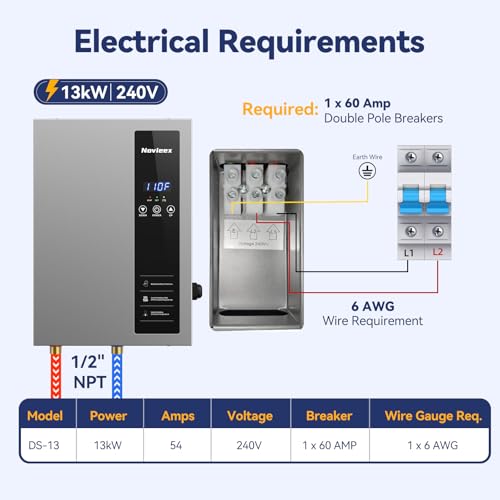 Image of 13kW Tankless Water Heater Electric, NOVIEEX 240V 3s Instant Hot Water Heater, Flow Rate Max 3.6 GPM, Supply for 1-2 Points, Indoor Installation, Ideal for Apartment, Garage, Salon, Bathroom, Kitchen