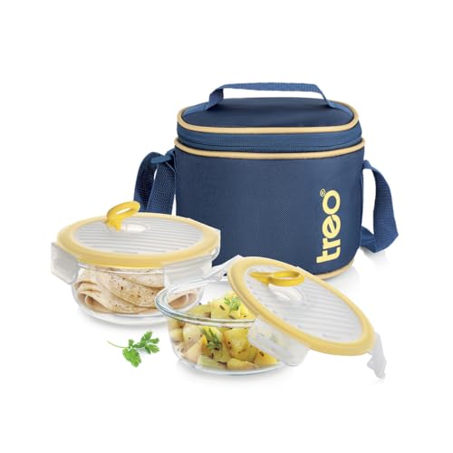 Image of Treo By Milton All Fresh Borosilicate Glass Round Tiffin set of 2, 400 ml each, Durable Carry Jacket,Microwave & Oven Safe,Leak Proof, Air Vent Lid, Scratch Resistant, Ideal for Office, School, Travel
