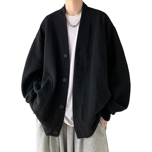 Men's Trendy Baggy Open Sweater Casual Long Sleeve Button Down Cardigan V Neck Solid Windbreaker Pockets
